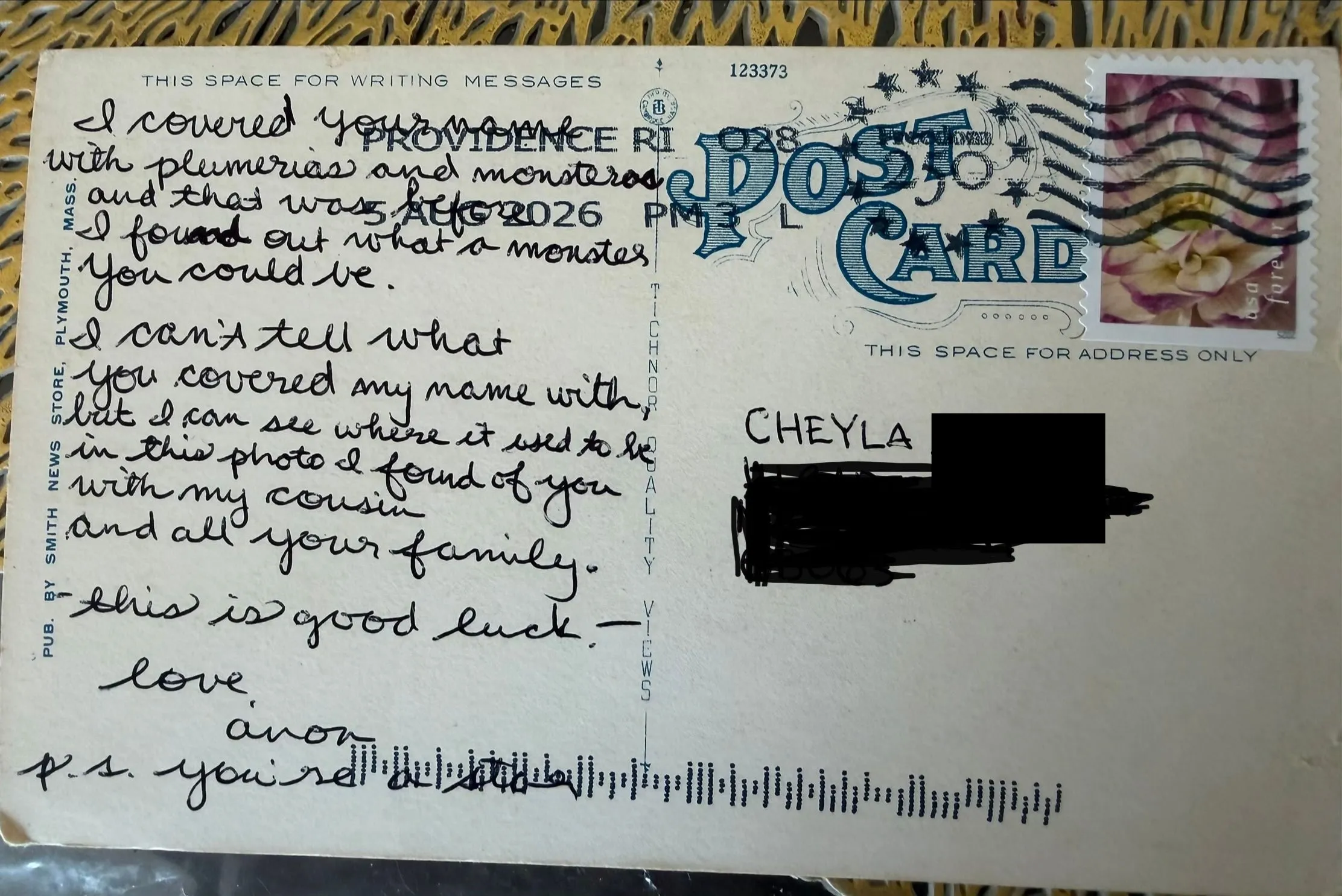 Reverse of postcard #100, recipient details redacted