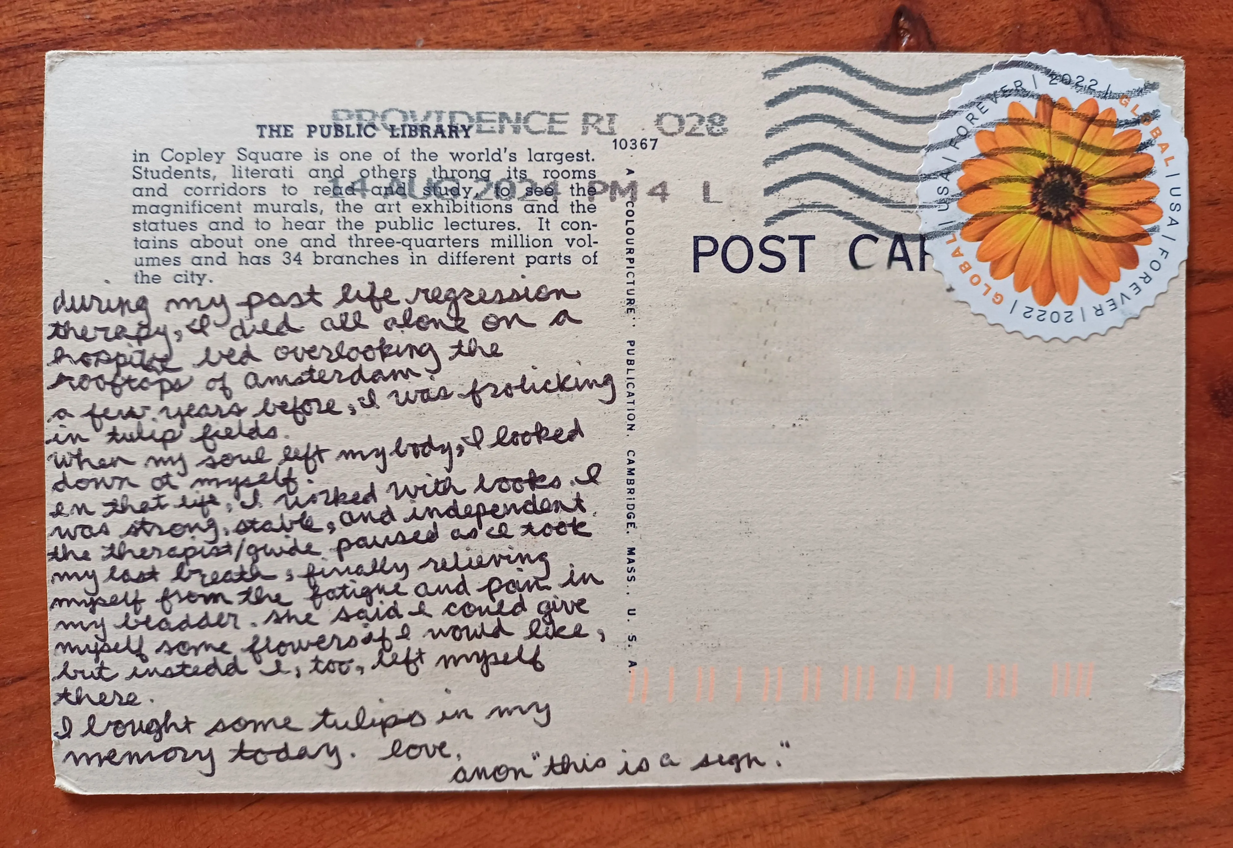 Reverse of postcard #13, recipient details redacted