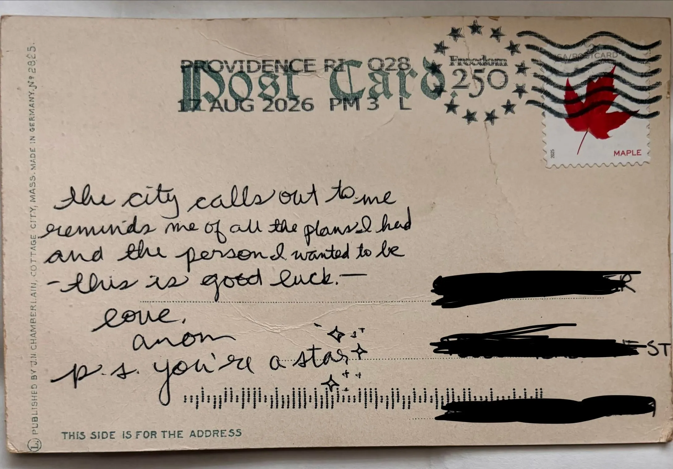Reverse of postcard #151, recipient details redacted
