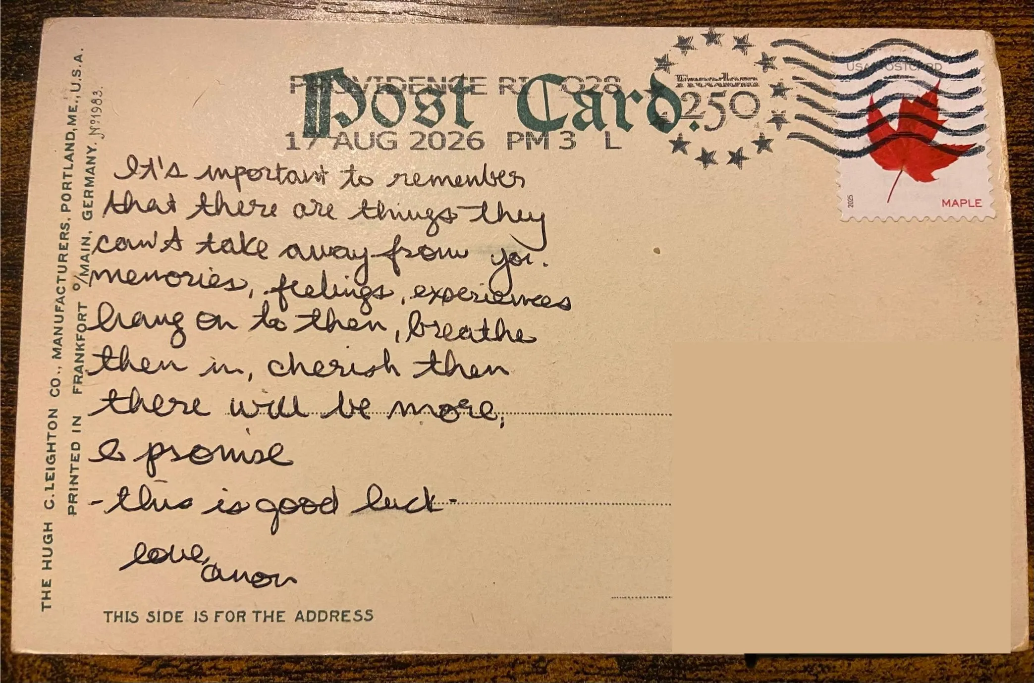 Reverse of postcard #160, recipient details redacted
