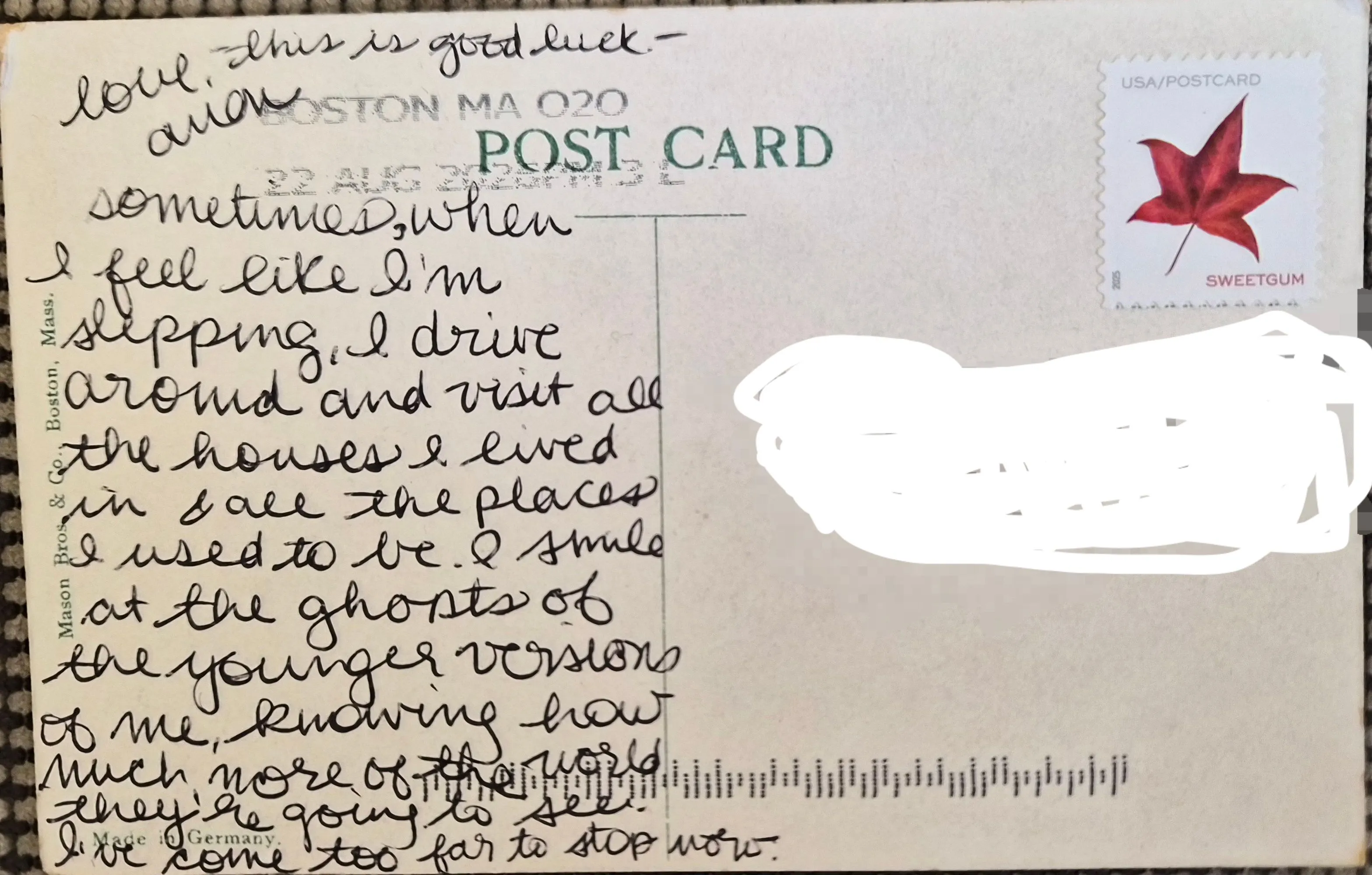 Reverse of postcard #165, recipient details redacted