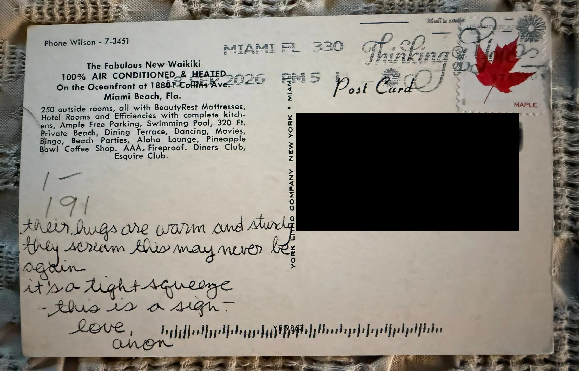 Reverse of postcard #190, recipient details redacted
