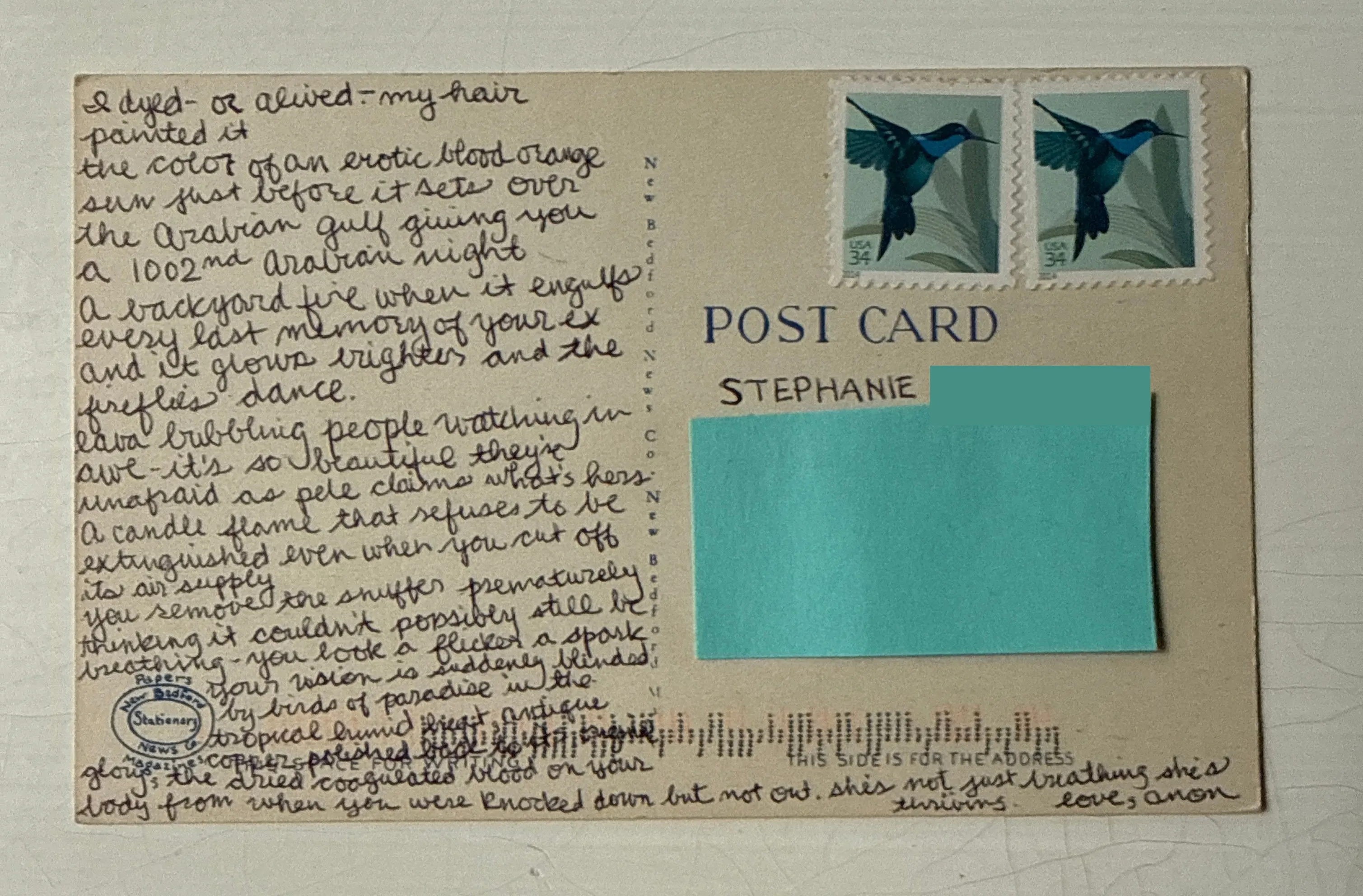 Reverse of postcard #23, recipient details redacted
