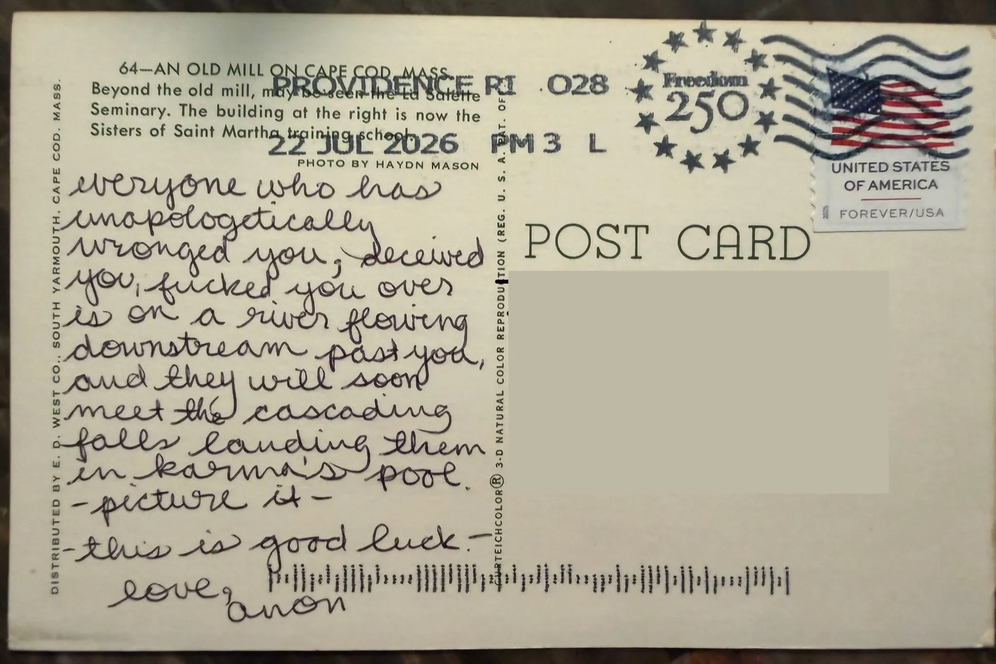 Reverse of postcard #37, recipient details redacted