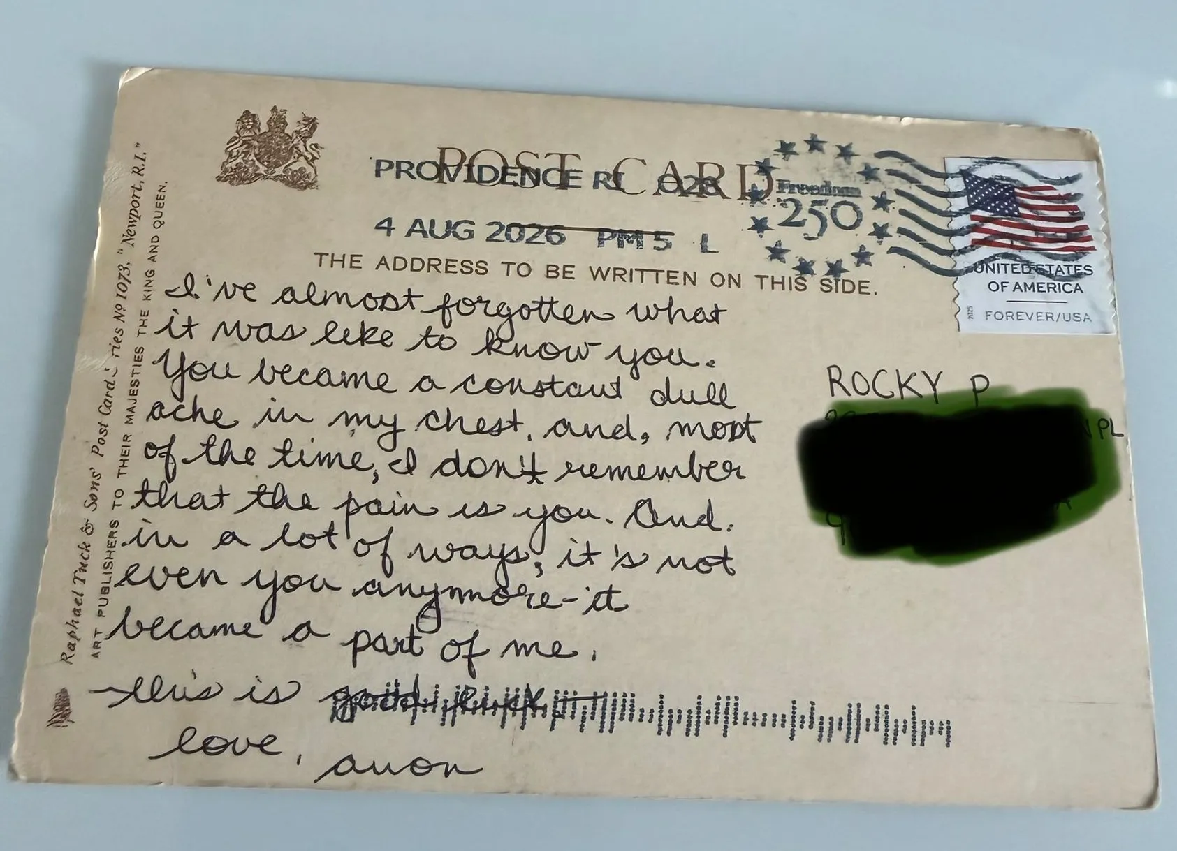 Reverse of postcard #67, recipient details redacted