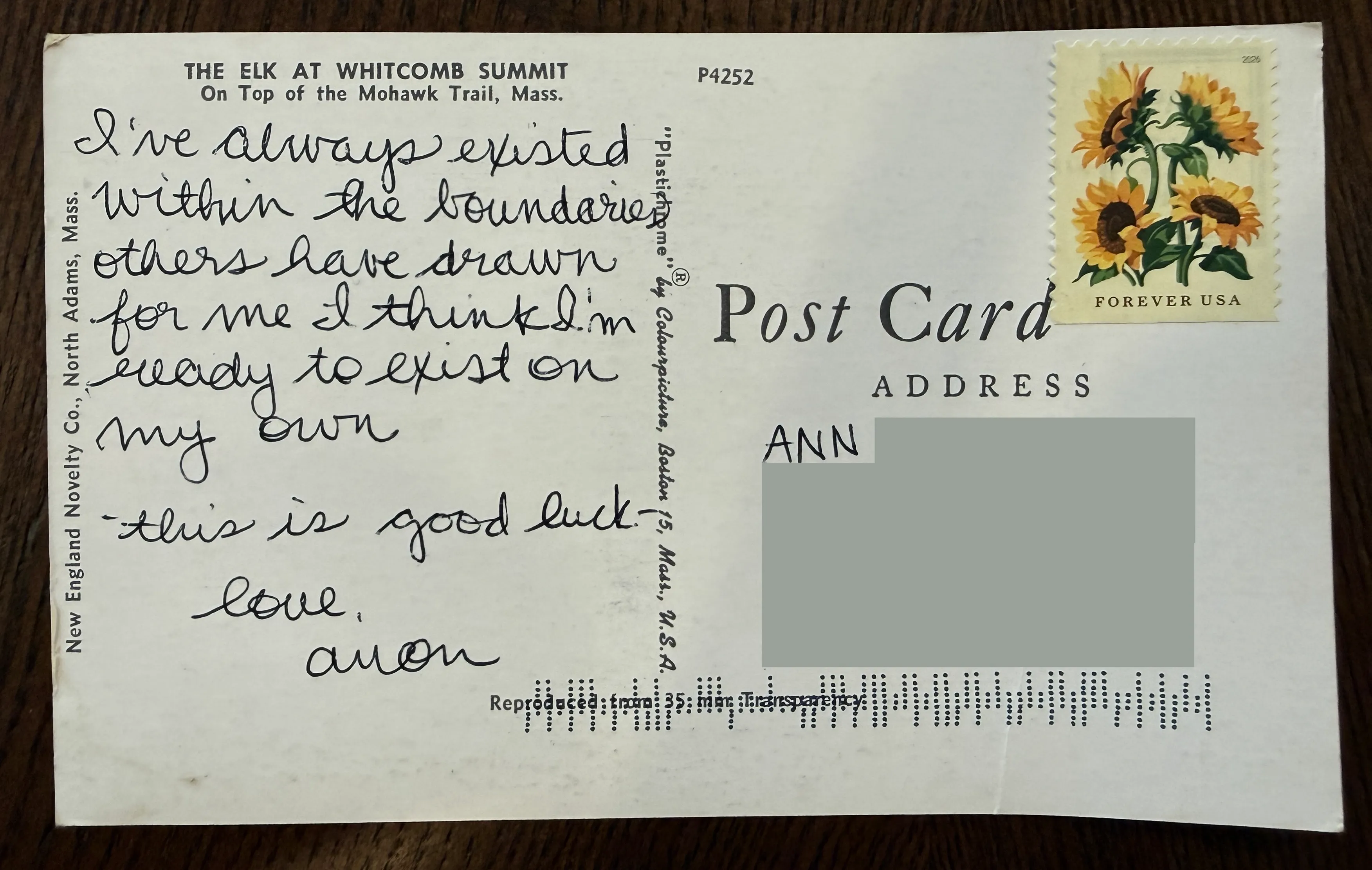 Reverse of postcard an unnumbered card, recipient details redacted