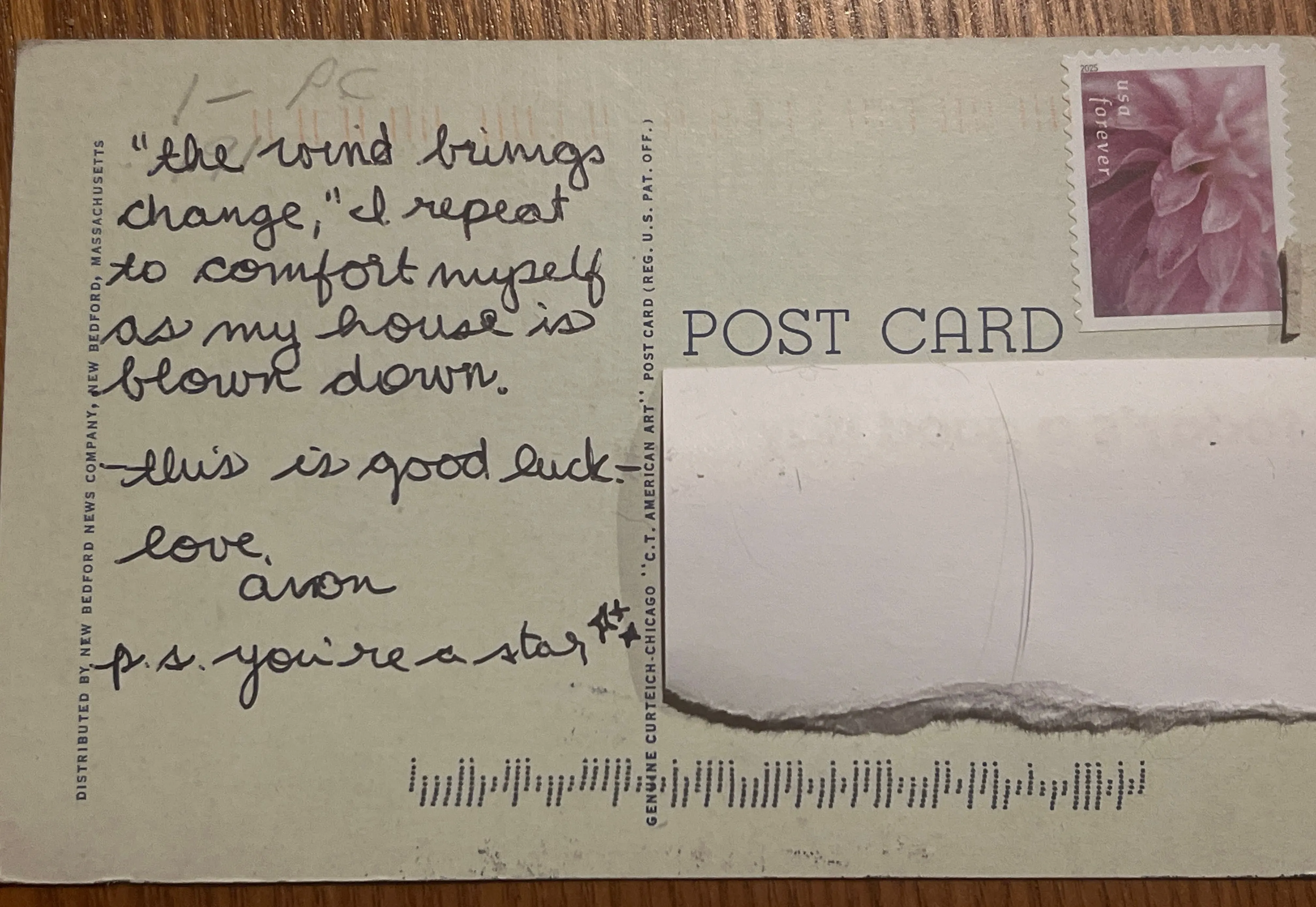 Reverse of postcard an unnumbered card, recipient details redacted