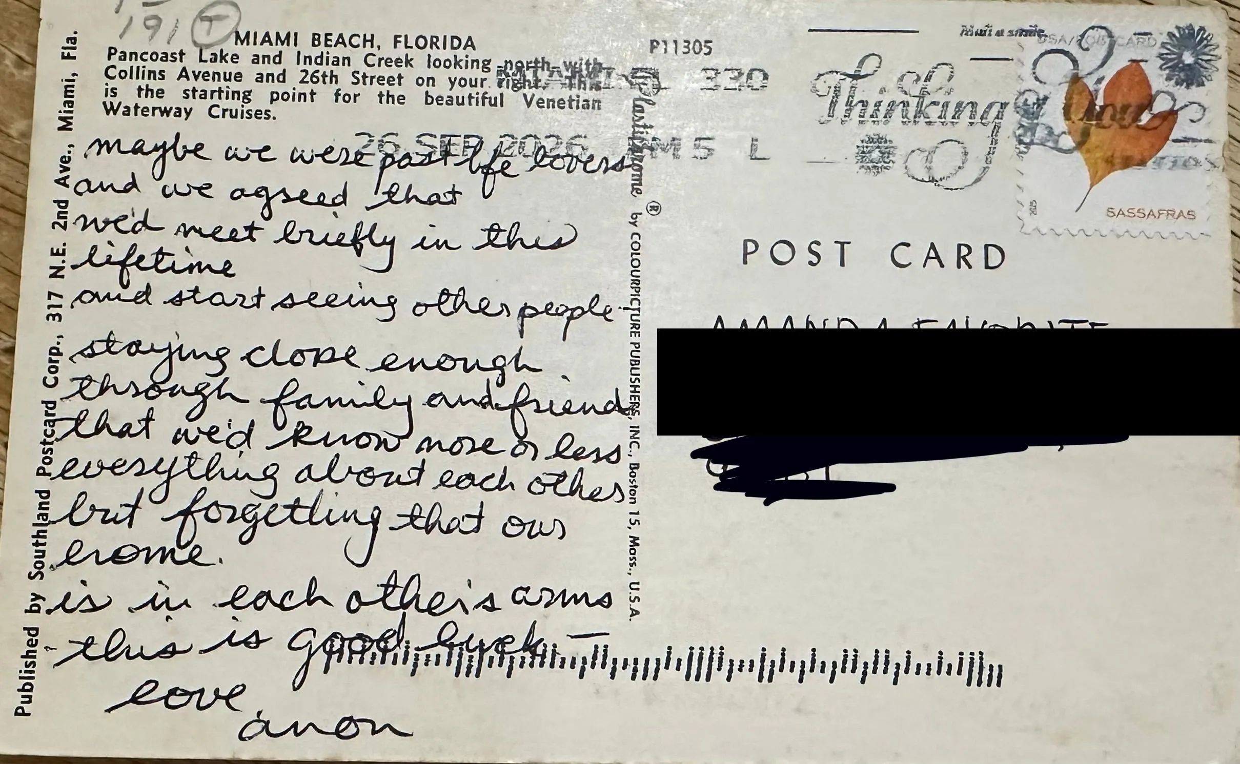 Reverse of postcard an unnumbered card, recipient details redacted